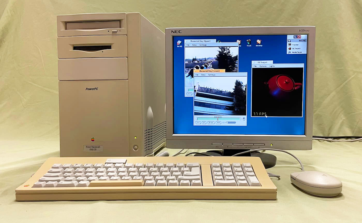 A Power Macintosh 8500/120 running BeOS, with several windows open.