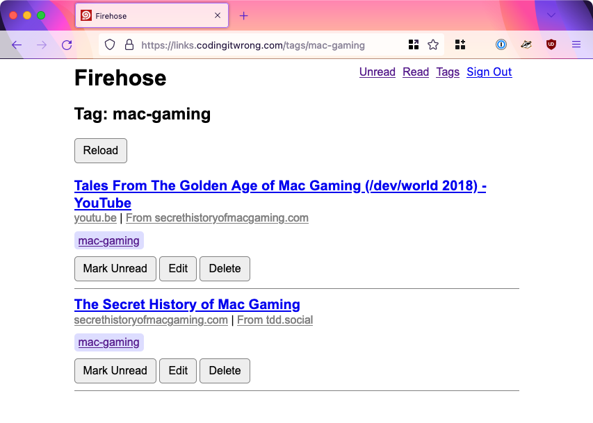 web browser showing a page titled 'tag: mac-gaming' with several links to web pages on the topic