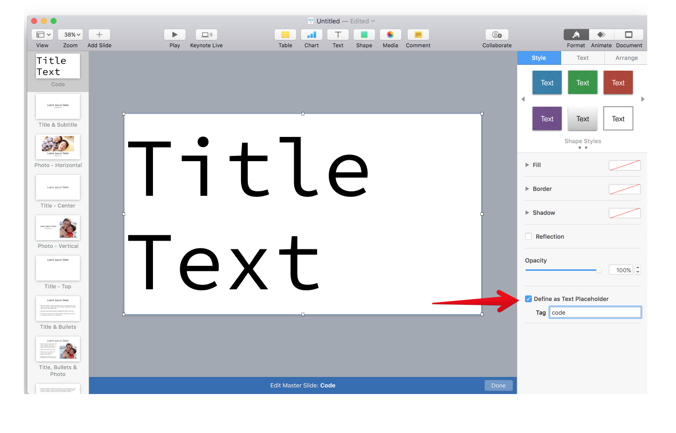 update define as text placeholder setting