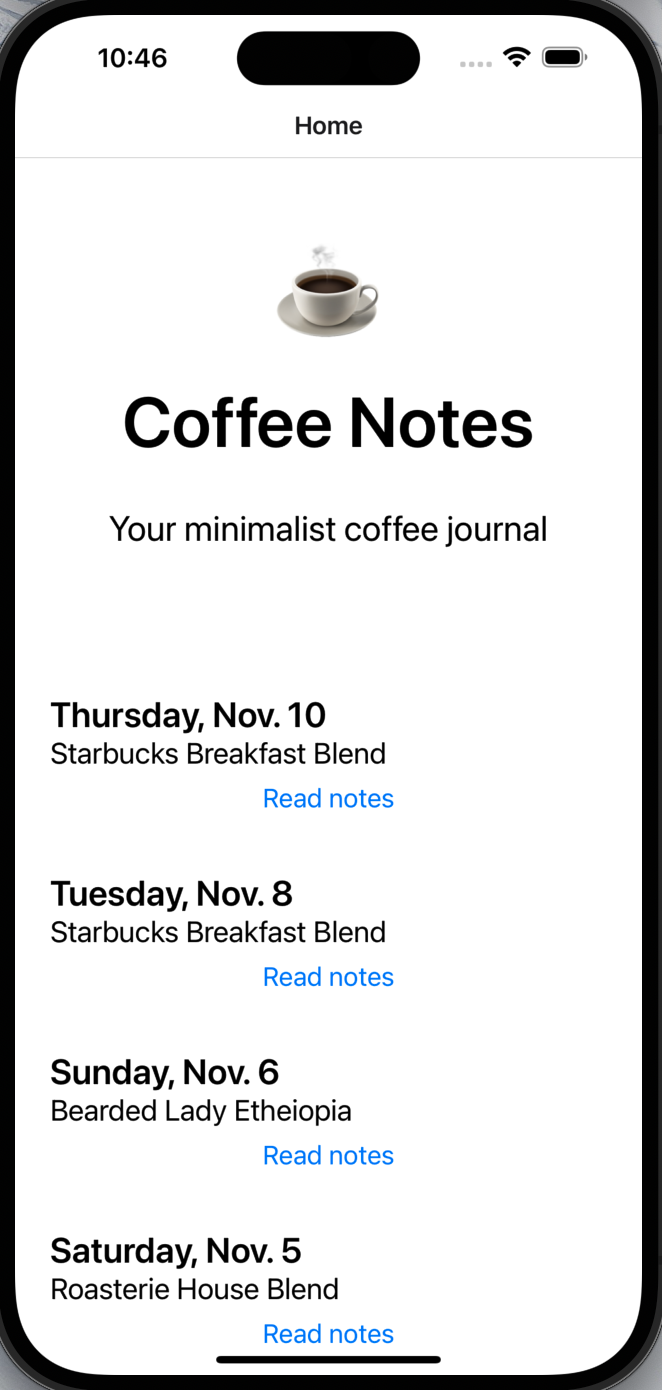Screenshot: Coffee Notes ap with some data