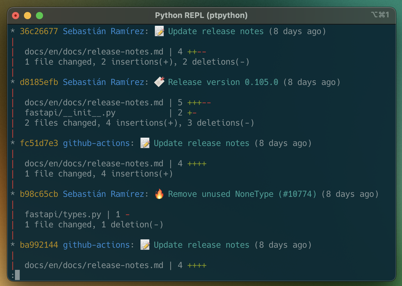 Screenshot of FastAPI's commit log with gitmoji commit messages
