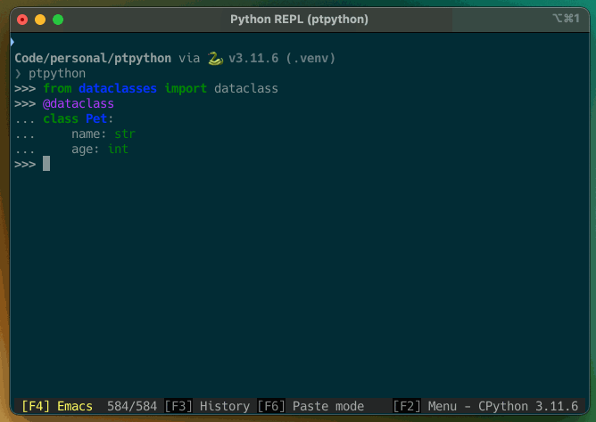 Screen capture of being able to fix a syntax error before executing a line in ptpython