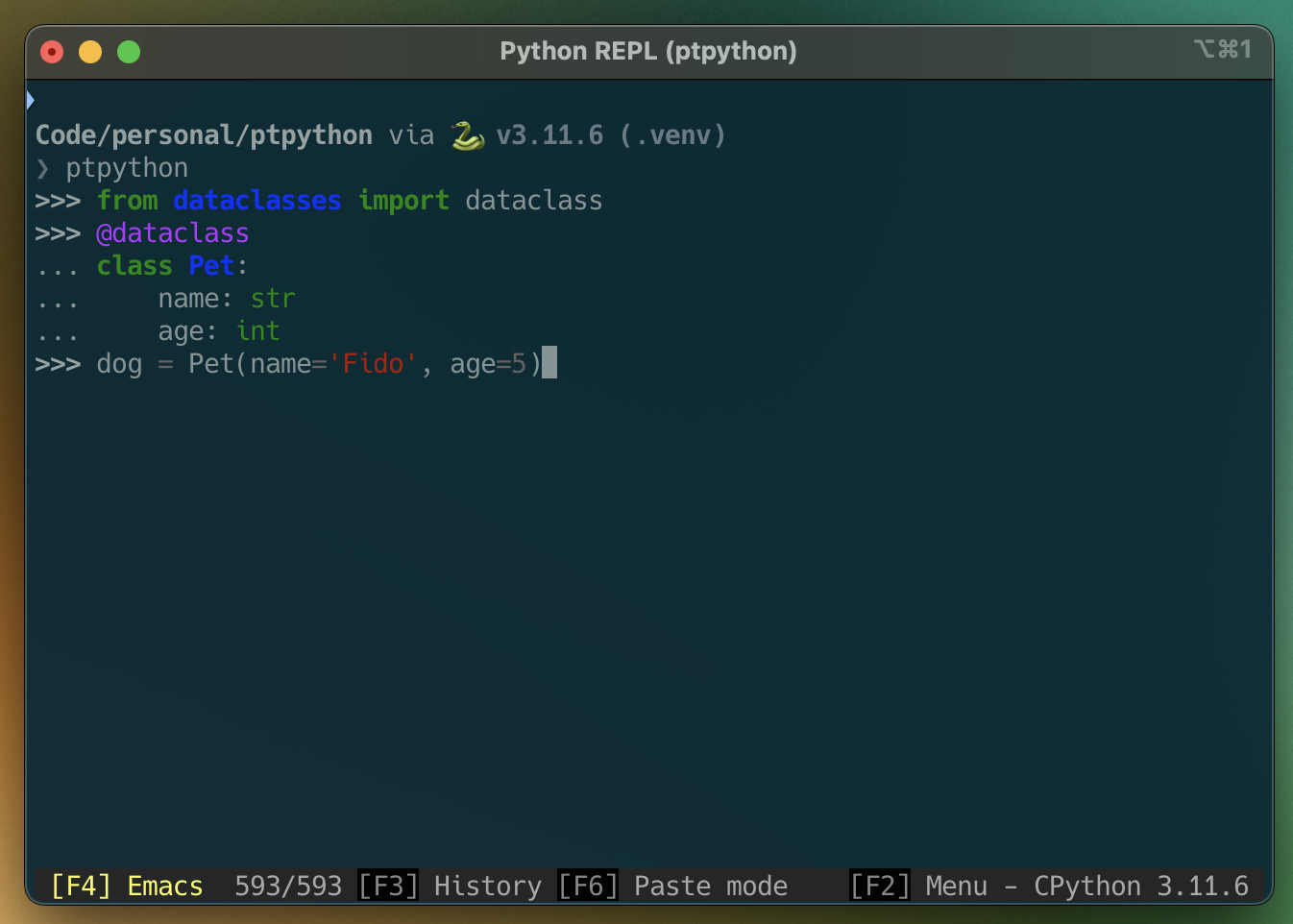 Screenshot of the syntax highlighting in ptpython
