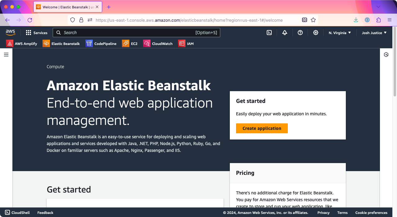 The AWS Elastic Beanstalk home page.