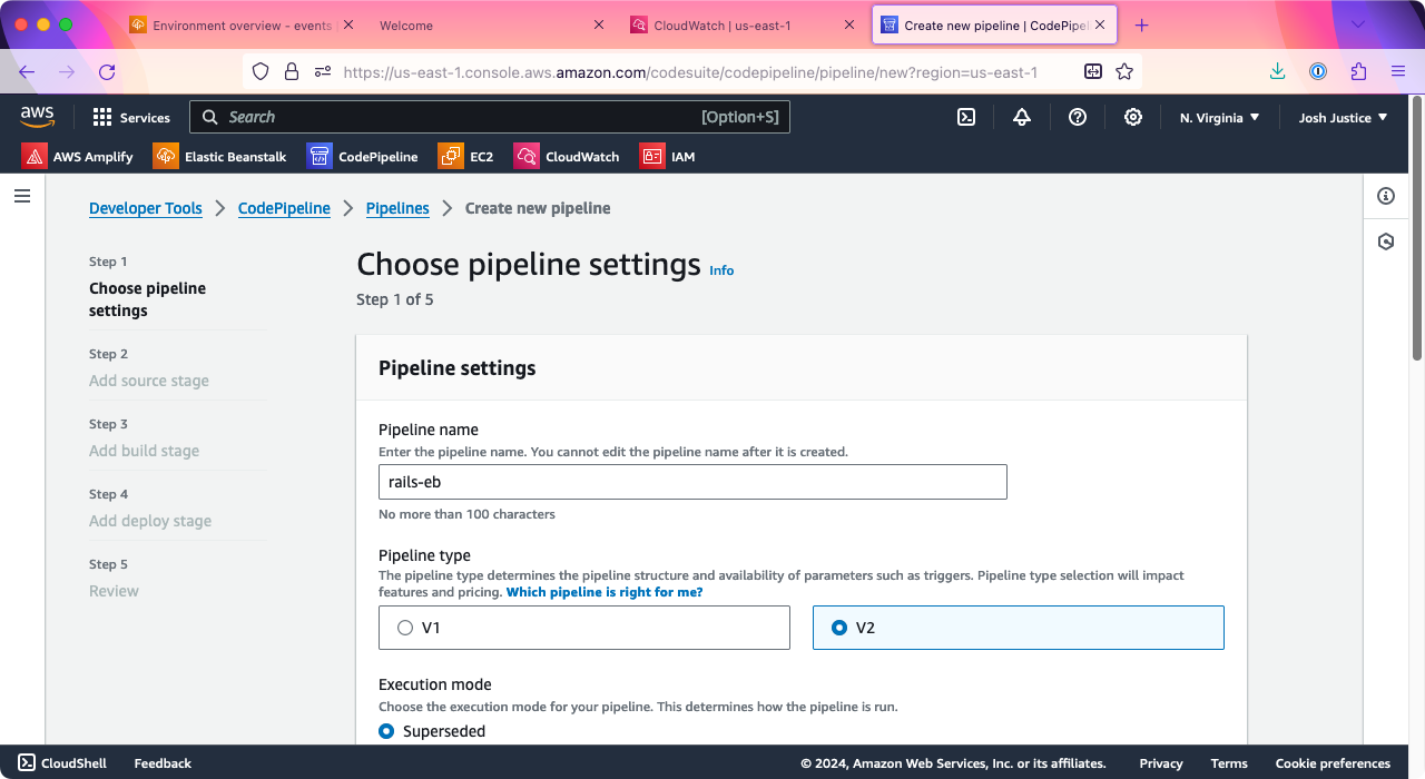 The 'Choose pipeline settings' page of the CodePipeline 'Create pipeline' wizard. 'rails-eb' is entered as the 'Pipeline name.'