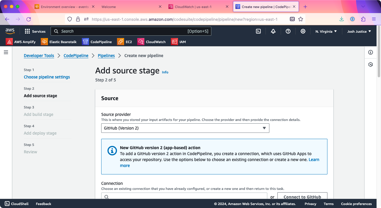 The 'Add source stage' screen of the CodePipeline 'Create pipeline' wizard. 'GitHub (Version 2)' is chosen as the 'Source provider.'