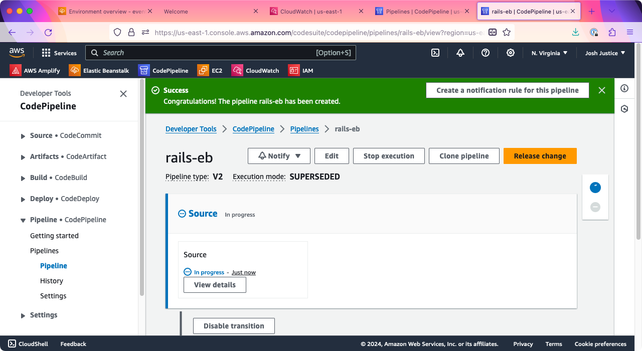 The CodePipeline page for a pipeline named 'rails-eb'. A message says: 'Congratulations! The pipeline rails-eb has been created.'