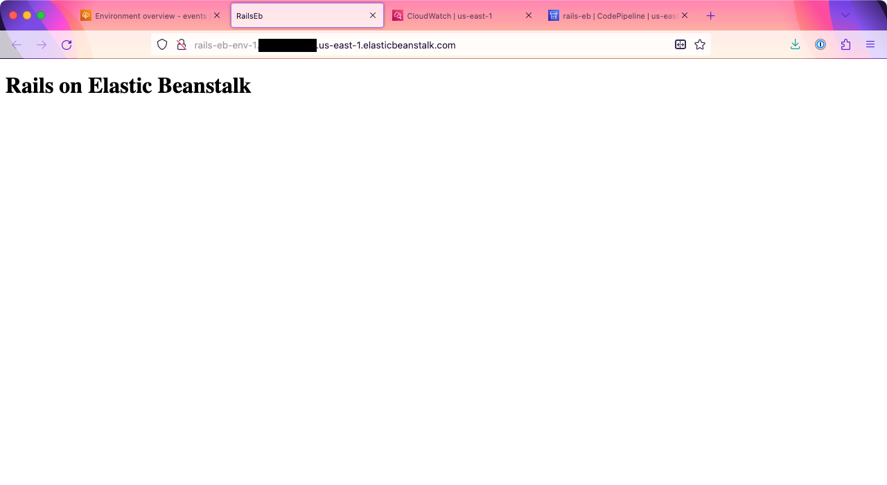 A web page running on elasticbeanstalk.com. A heading says: 'Rails on Elastic Beanstalk'