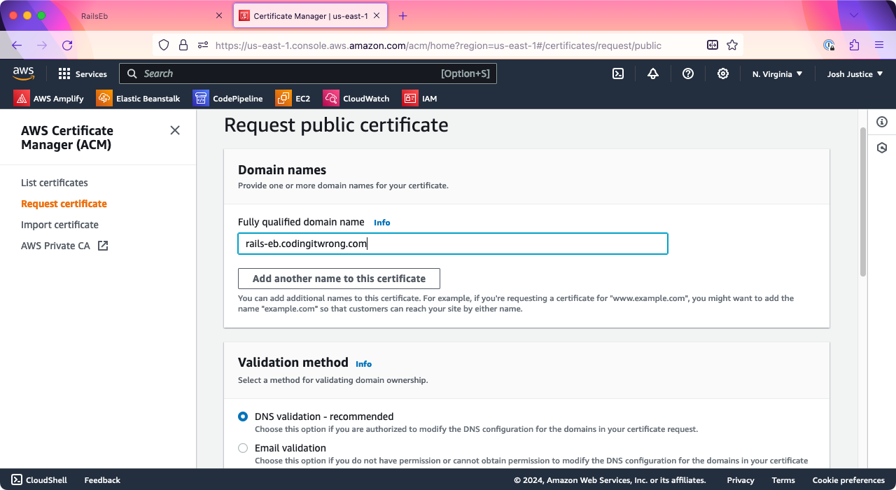 The 'Request public certificate' screen of Certificate Manager. For the 'Fully qualified domain name,' 'rails-eb.codingitwrong.com' has been entered.