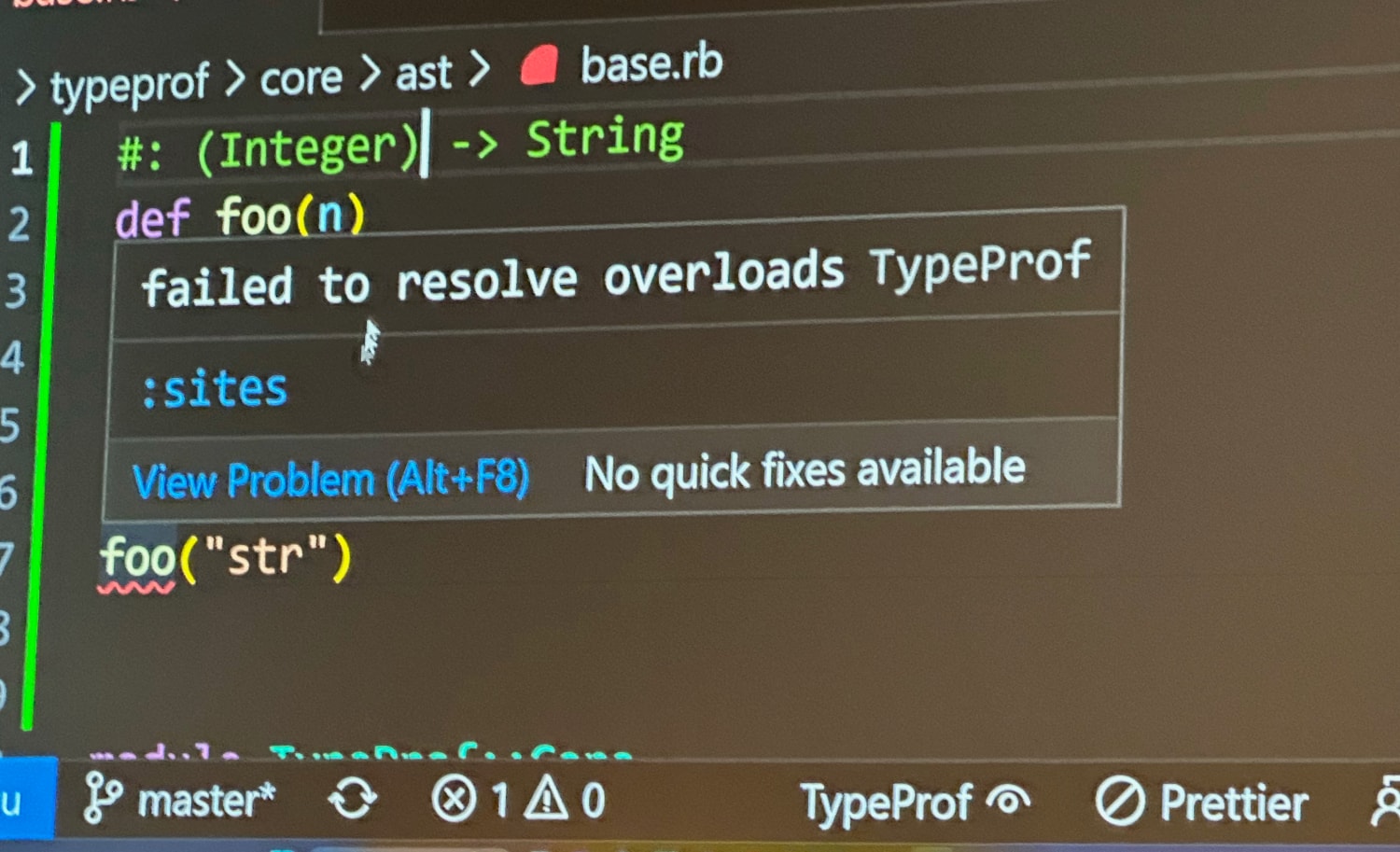 VS Code: committing the type inference to a real annotation for only Integer turns the string usage into an error