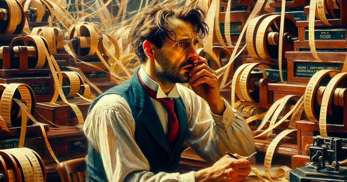 Oil painting of a worried man surrounded by ticker-tape machines and paper