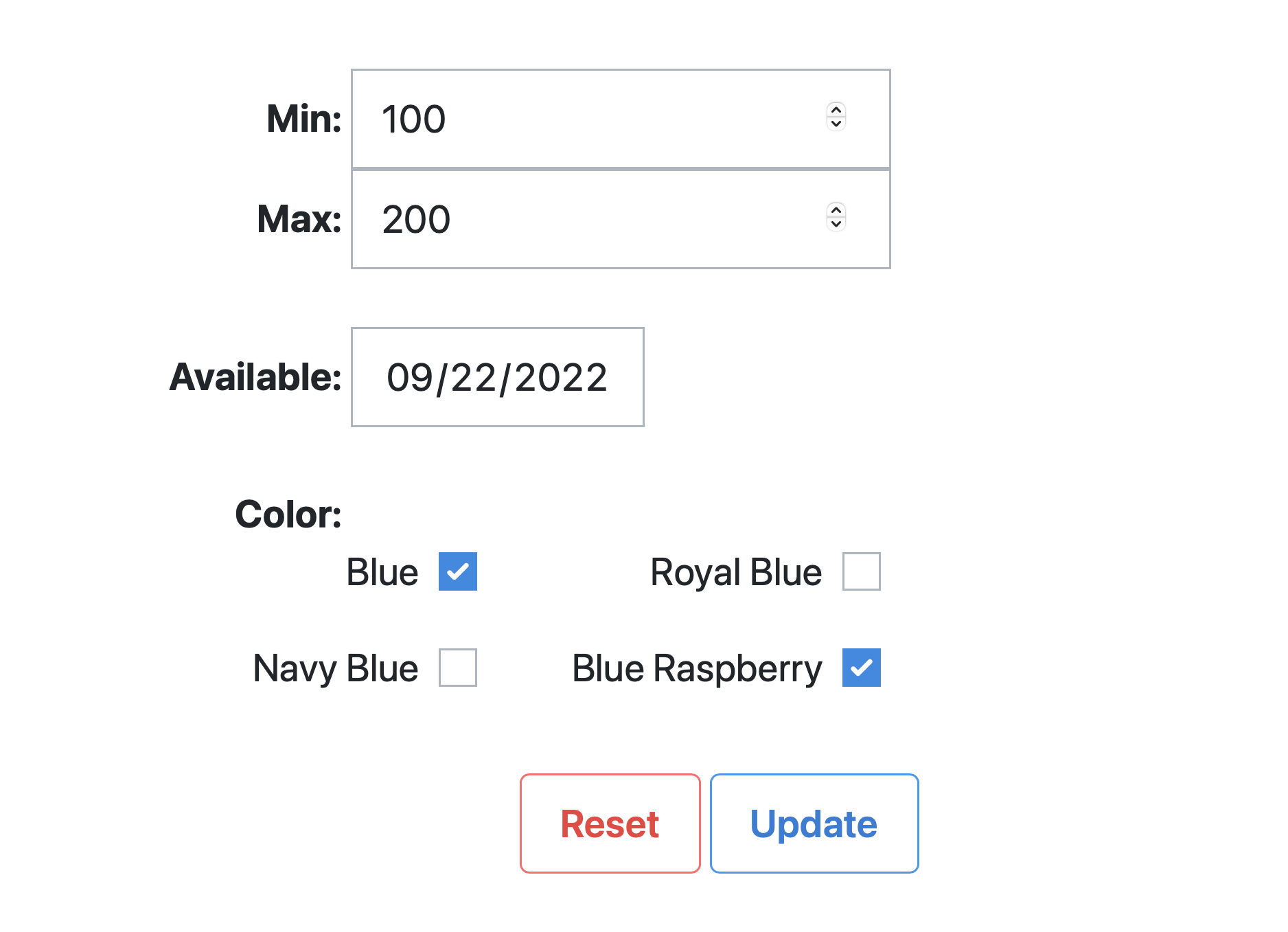 A form with price, color, and date filters