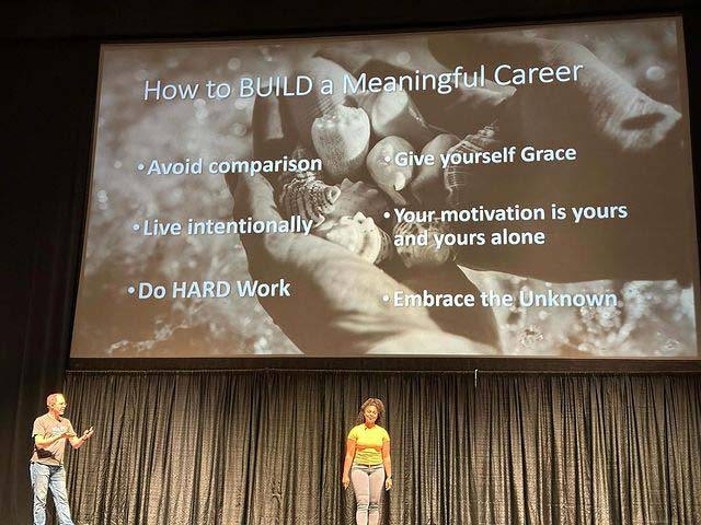 Screen showing How to Build a Meaningful Career themes: avoid comparison, live intentionally, do hard work, give yourself grace, your motivation is yours and yours alone, embrace the unknown