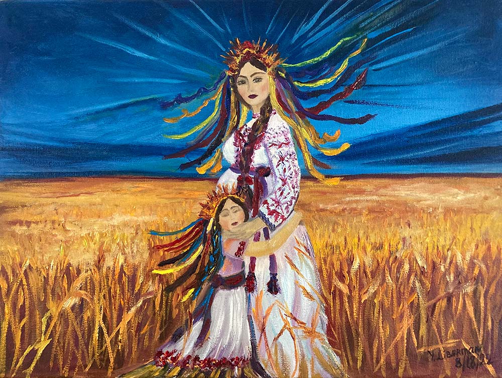 Painting of a woman in traditional Ukrainian dress embracing her daughter while standing in a field of grain.