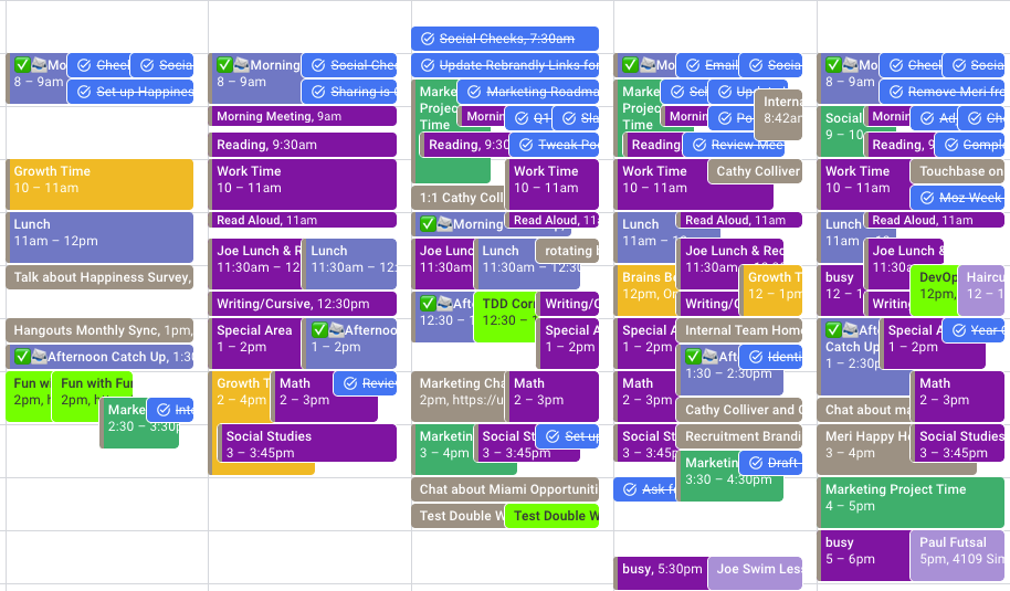 Screenshot of a busy work week calendar with a lot of color-coded appointments and time blocks.
